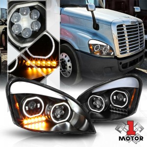 Pair Black Dual Halo Projector Headlight[LED BAR DRL]for 08-17 Freightliner Cascadia